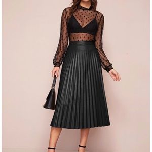 Black vegan leather pleated midi skirt
